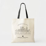 Philadelphia Wedding | Stylised Skyline Tote Bag<br><div class="desc">A unique wedding tote bag for a wedding taking place in the beautiful city of brotherly love Philadelphia.  This tote features a stylised illustration of the city's unique skyline with its name underneath.  This is followed by your wedding day information in a matching open lined style.</div>