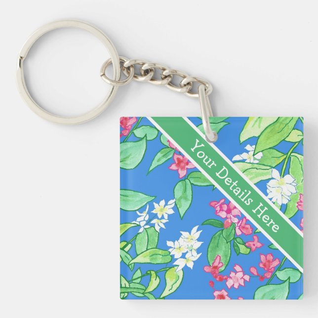 Philadelphus and Weigela Spring Blossoms on Blue Key Ring (Front)