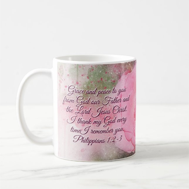 Philippians 1:2-3 Grace and Peace to You Pink Rose Coffee Mug (Left)