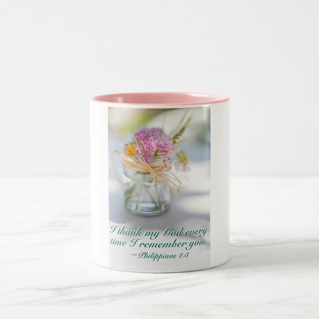 Philippians 1:3 I Thank God for You, Flowers Two-Tone Coffee Mug (Center)