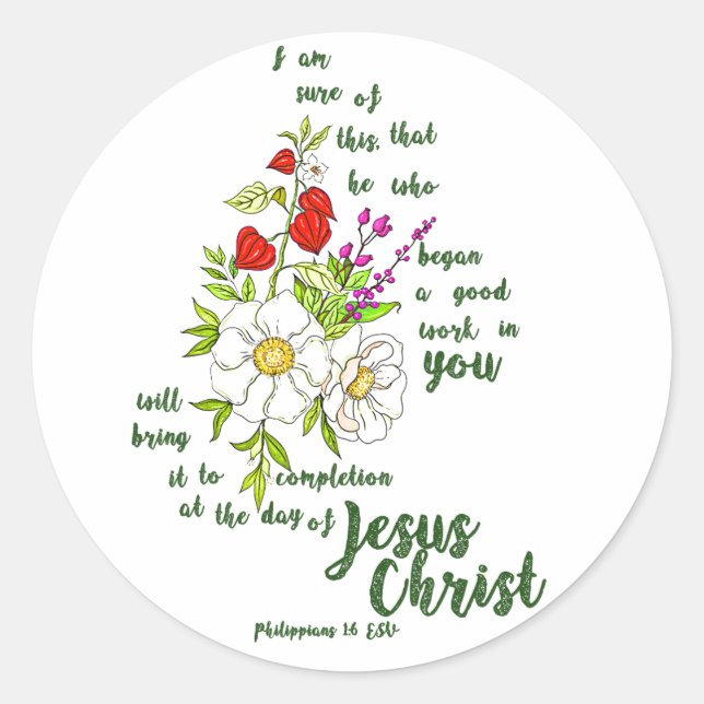 Philippians 1:6 classic round sticker (Front)