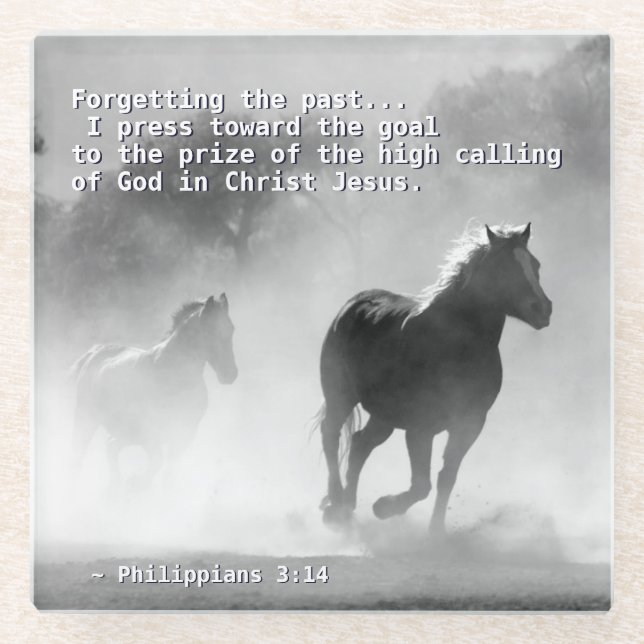 Philippians 3:14 I press towards the goal, Horses Glass Coaster (Front)