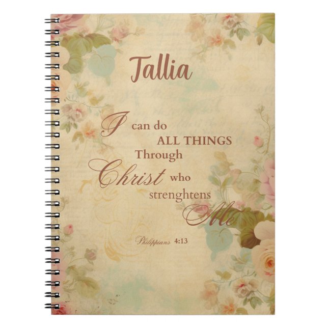 Philippians 4:13 Bible Scripture Floral Notebook (Front)