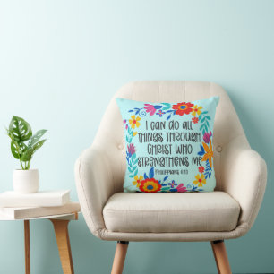 Philippians 4:13 Bible Scripture Folk Art Floral Cushion