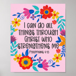 Philippians 4:13 Bible Scripture Folk Art Floral Poster