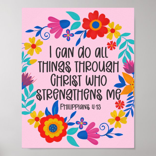 Philippians 4:13 Bible Scripture Folk Art Floral Poster (Front)
