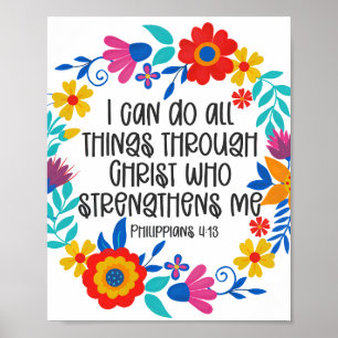 Philippians 4:13 Bible Scripture Folk Art Floral Poster