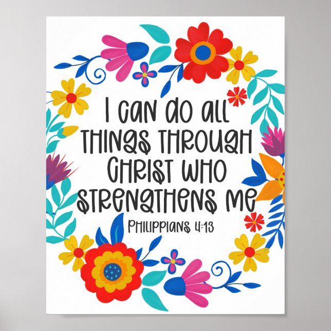 Philippians 4:13 Bible Scripture Folk Art Floral Poster (Front)