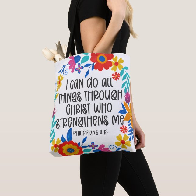 Philippians 4:13 Bible Scripture Folk Art Floral Tote Bag (Close Up)