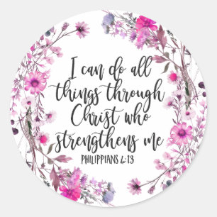 Philippians 4:13 Bible Scripture Pink and Purple Classic Round Sticker