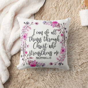 Philippians 4:13 Bible Scripture Pink and Purple Cushion