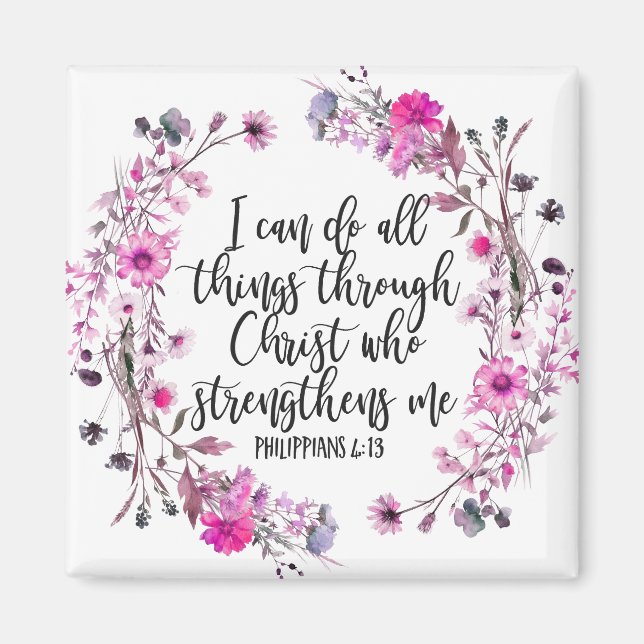 Philippians 4:13 Bible Scripture Pink and Purple Magnet (Front)