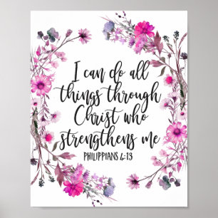Philippians 4:13 Bible Scripture Pink and Purple Poster