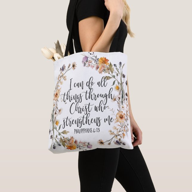Philippians 4:13 Bible Scripture Verse Floral Boho Tote Bag (Close Up)