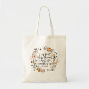 Philippians 4:13 Bible Scripture Verse Floral Boho Tote Bag
