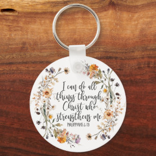 Philippians 4:13 Bible Scripture Verse Floral Key Ring
