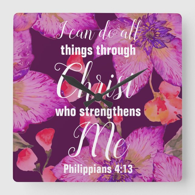 Philippians 4:13 Bible Verse Floral Square Wall Clock (Front)