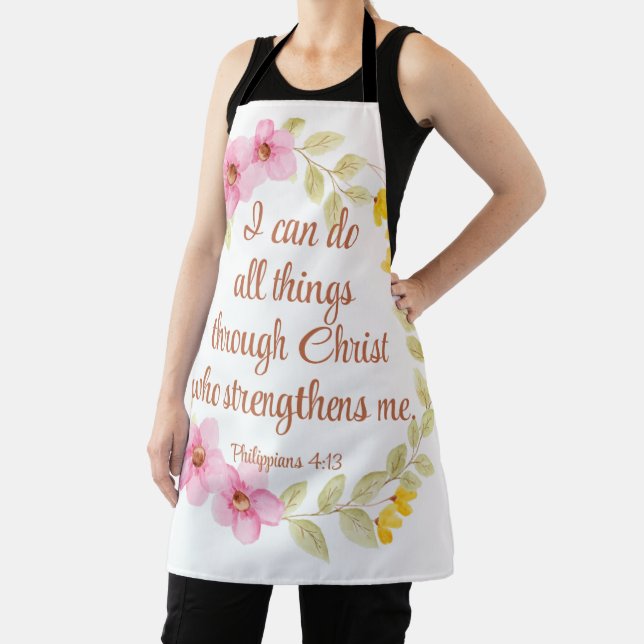 Philippians 4:13 Pink and Yellow Floral Scripture Apron (Insitu)