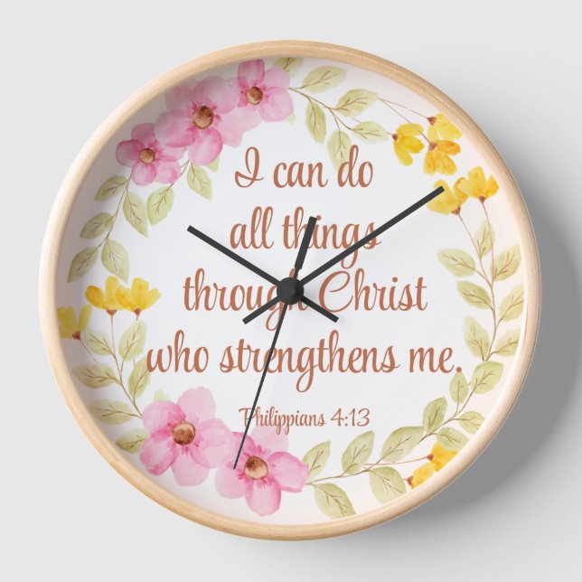 Philippians 4:13 Pink and Yellow Floral Scripture Clock (Front)