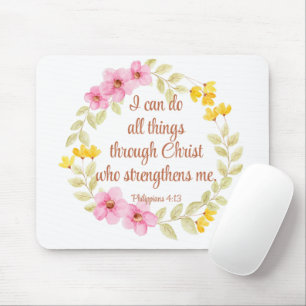 Philippians 4:13 Pink and Yellow Floral Scripture Mouse Mat