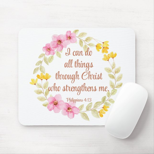 Philippians 4:13 Pink and Yellow Floral Scripture Mouse Mat (With Mouse)