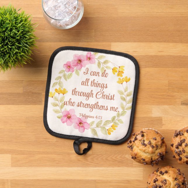 Philippians 4:13 Pink and Yellow Floral Scripture Pot Holder (Top Down)