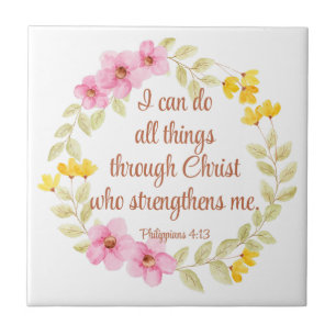 Philippians 4:13 Pink and Yellow Floral Scripture Tile