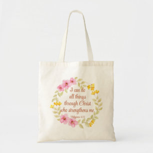 Philippians 4:13 Pink and Yellow Floral Scripture Tote Bag
