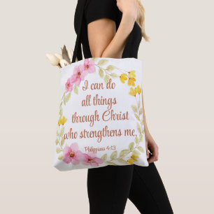 Philippians 4:13 Pink and Yellow Floral Scripture Tote Bag