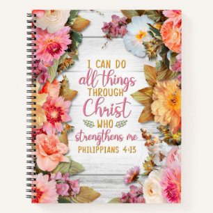 Philippians 4:13 with Pink Flowers on Wood Notebook