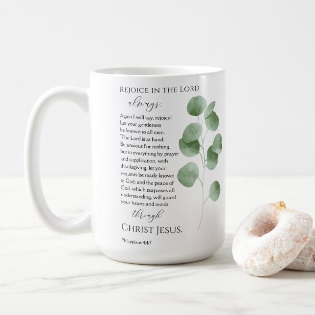Philippians 4:4-7 Bible Verses Eucalyptus Leaves Coffee Mug (With Donut)