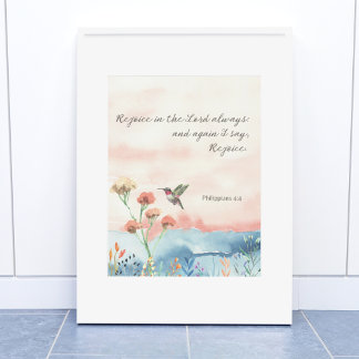 Philippians 4:4 Watercolor Hummingbird Poster