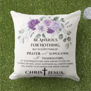 Philippians 4:6-7 Scripture Purple Flowers Cushion
