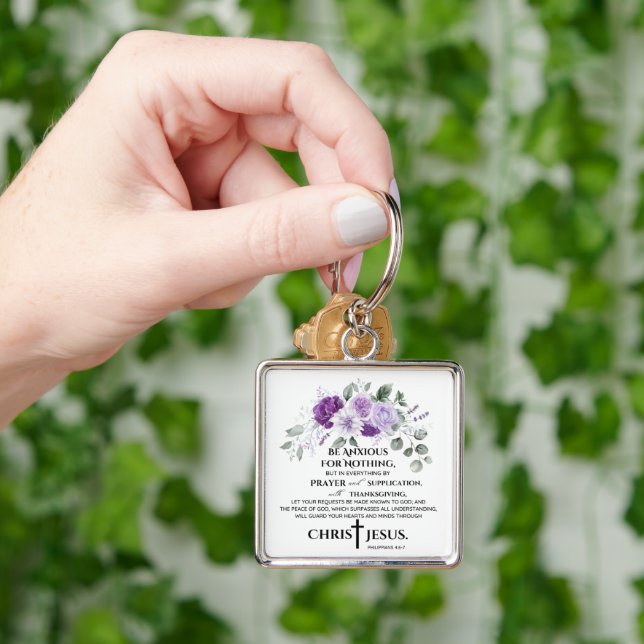 Philippians 4:6-7 Scripture Purple Flowers Key Ring (Hand)