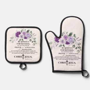 Philippians 4:6-7 Scripture Purple Flowers Oven Mitt & Pot Holder Set