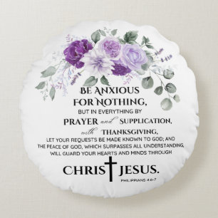 Philippians 4:6-7 Scripture Purple Flowers Round Cushion