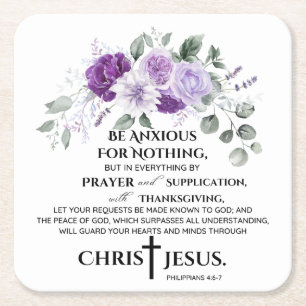 Philippians 4:6-7 Scripture Purple Flowers Square Paper Coaster