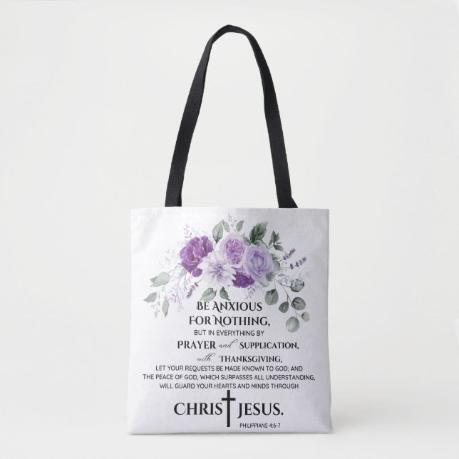 Philippians 4:6-7 Scripture Purple Flowers Tote Bag (Front)
