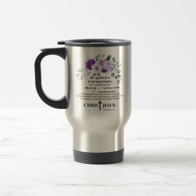 Philippians 4:6-7 Scripture Purple Flowers Travel Mug (Left)
