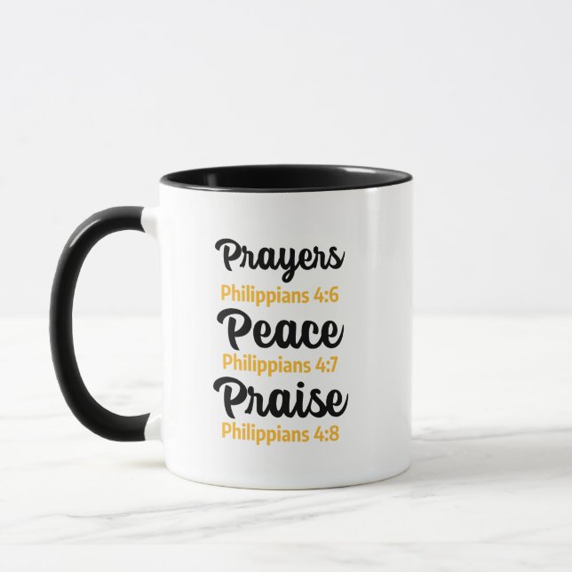 Philippians 4:6-8 Prayers, Peace, Praise Mug (Left)