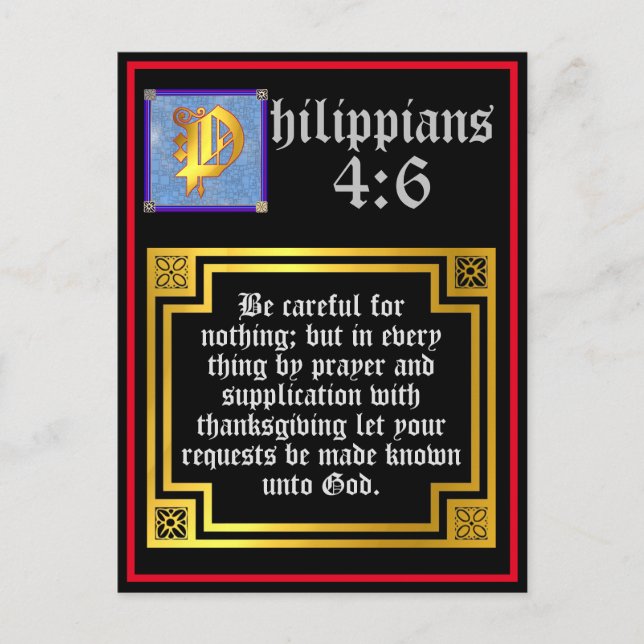Philippians 4:6 Illuminated Letter Bible Verse Holiday Postcard (Front)