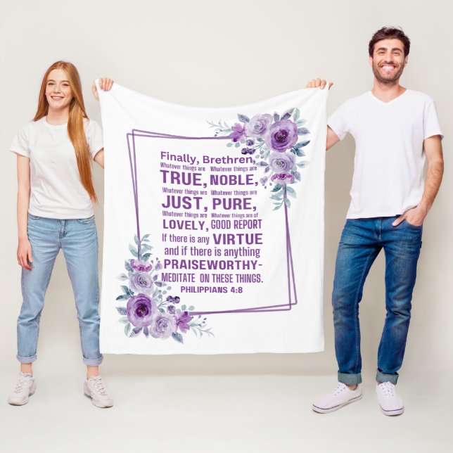 Philippians 4:8 Noble Bible Verse Purple Floral Fleece Blanket (In Situ)