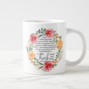 Philippians 4:8 Pink and Yellow Floral Wreath Large Coffee Mug