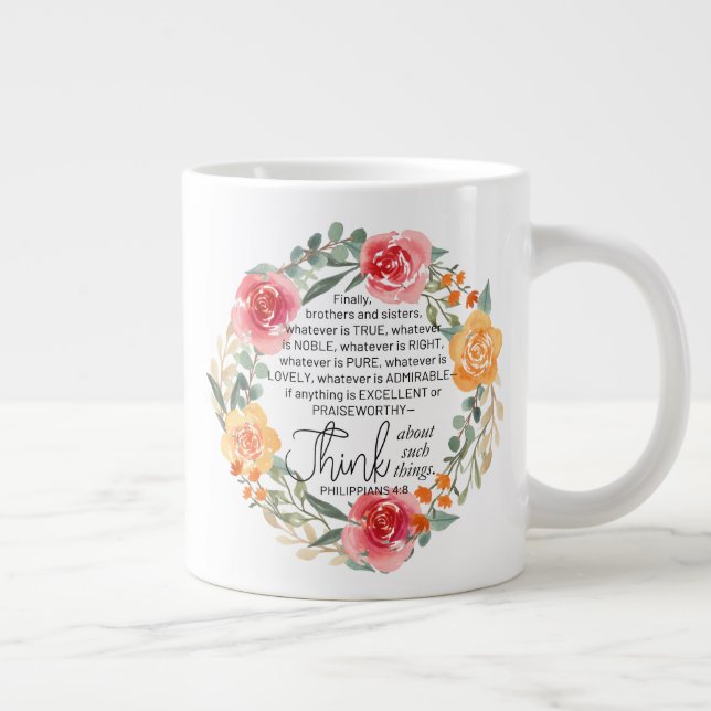 Philippians 4:8 Pink and Yellow Floral Wreath Large Coffee Mug (Right)