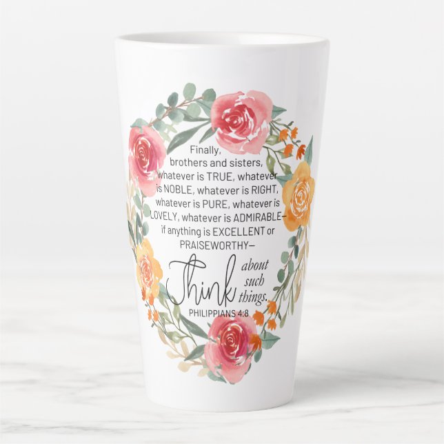 Philippians 4:8 Pink and Yellow Floral Wreath Latte Mug (Front)
