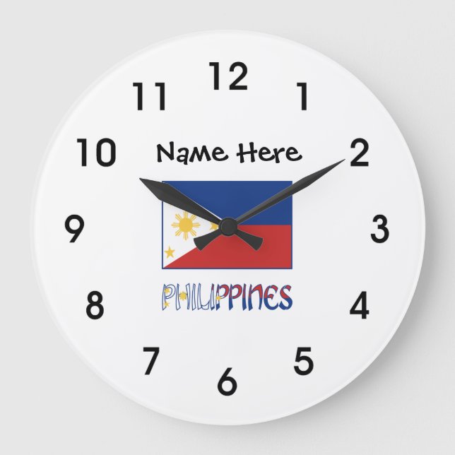 Philippines and Filipino Flag and Your Name Large Clock (Front)