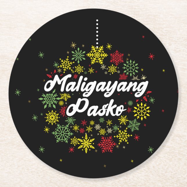 Philippines Christmas Maligayang Pasko Snowflakes Round Paper Coaster (Front)