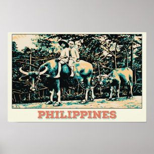 Philippines, kids playing with water buffalos poster