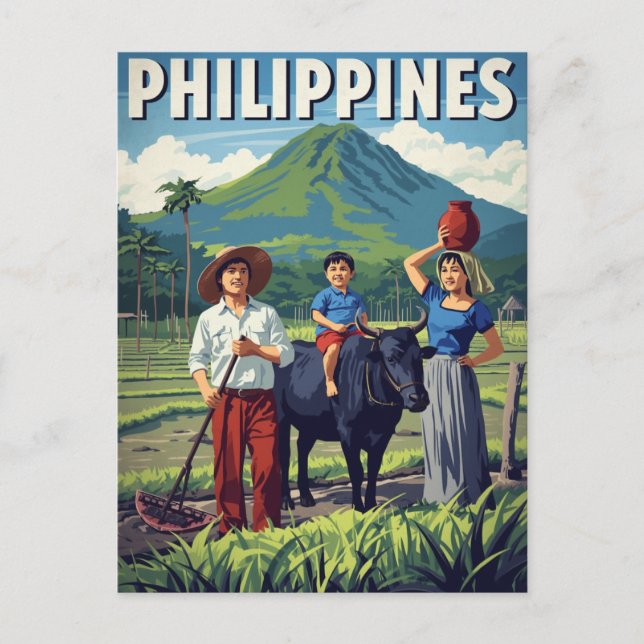 Philippines Rice Field Family Retro Postcard (Front)