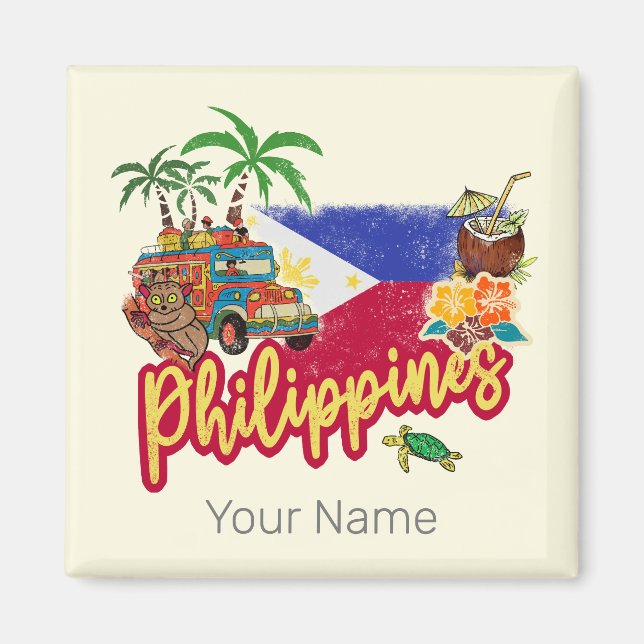 Philippines Vintage Tarsier Flag Palm Souvenir Magnet (Front)
